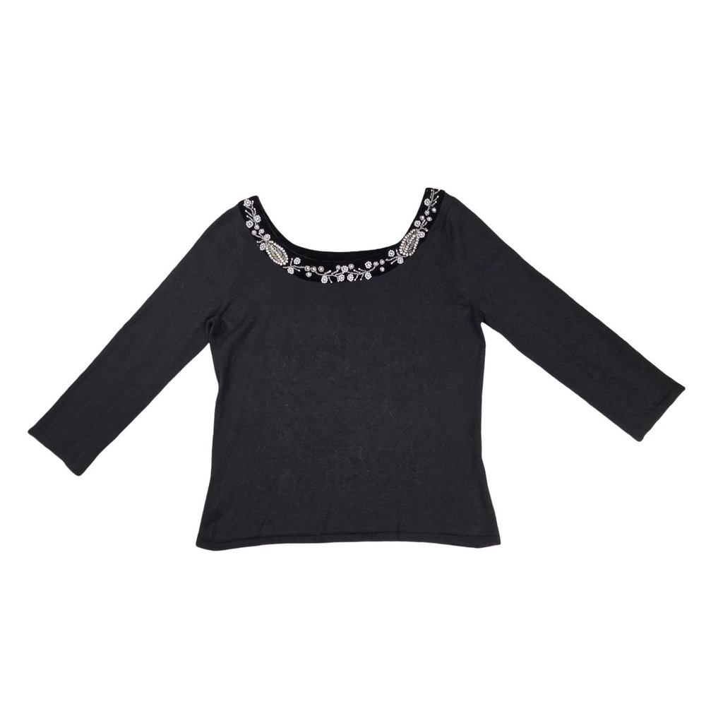 Tiara International Black Beaded Pearl Velvet Trim Knit Top MD 50s Retro Formal